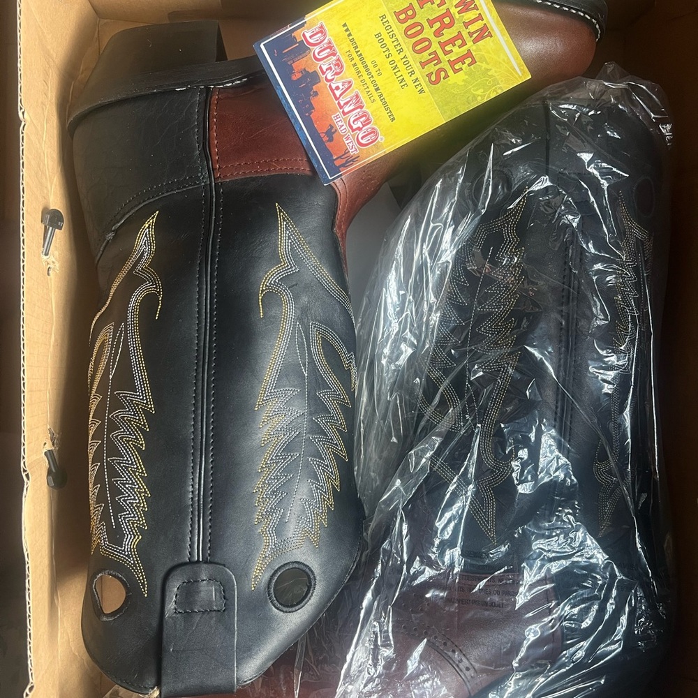 Durango Black and Brown Cowboy Boots with Decorative Stitching NWT in box